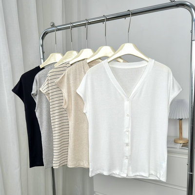 大福利！莱赛尔亚麻正肩V领针织开衫女亲肤短袖T恤女2025夏季上衣