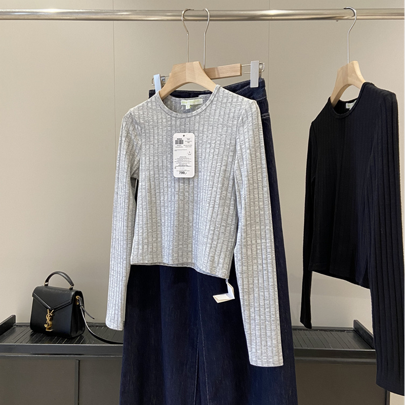 出口单！2025春弹力修身显瘦百搭短款长袖针织衫女打底衫T恤上衣