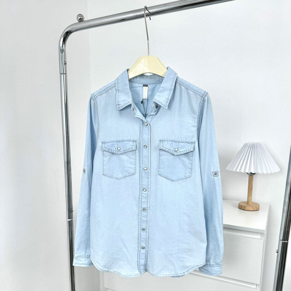 欧美单！外贸好货！2025春时尚百搭浅蓝色长袖牛仔衬衫女衬衣上衣