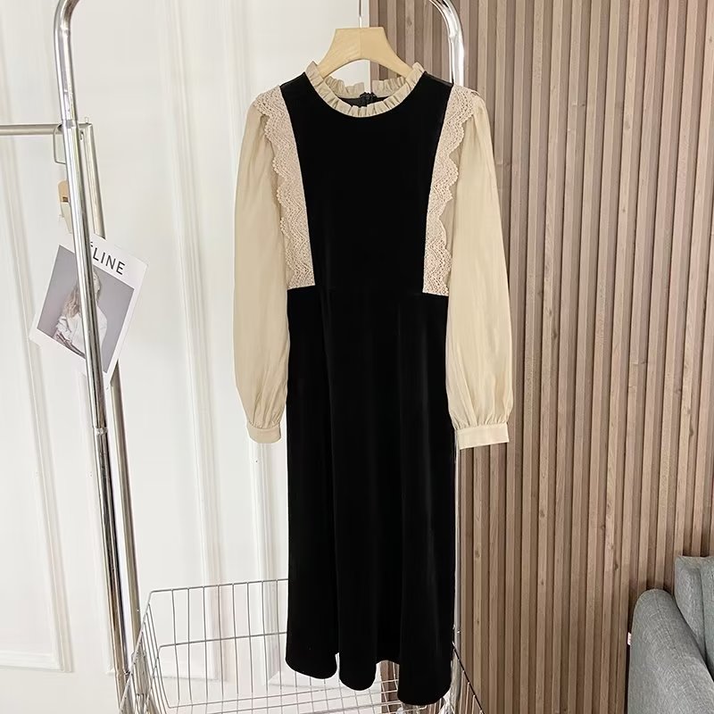 法式复古丝绒拼接连衣裙小黑裙女