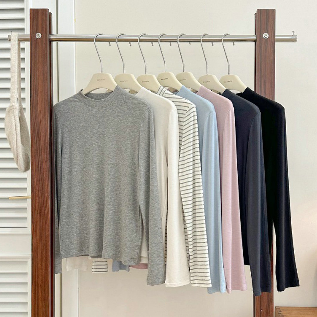 软糯亲肤天丝醋纤羊毛小立领长袖打底衫T恤女2025秋冬季百搭上衣