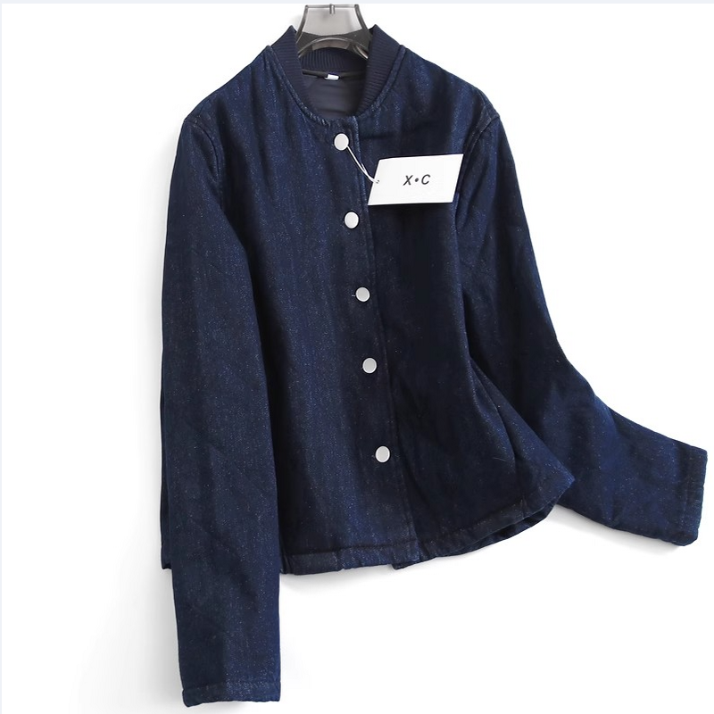 外贸女装！2024秋冬宽松显瘦菱格绗缝棉衣夹棉外套水洗牛仔棉服女