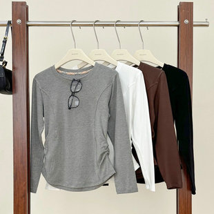 百搭鱼骨线长袖 抽褶显瘦磨毛打底衫 T恤女上衣 2025秋新款 大福利