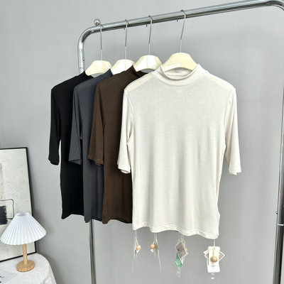 天丝羊毛半高领中袖打底衫T恤女2025秋冬季叠穿上衣软糯亲肤体恤