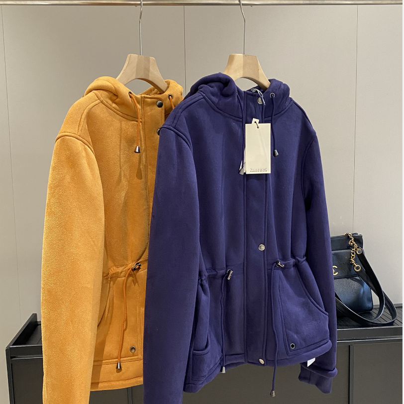 出口单！外贸女装！2024秋冬新款麂皮加厚加绒连帽外套女保暖上衣