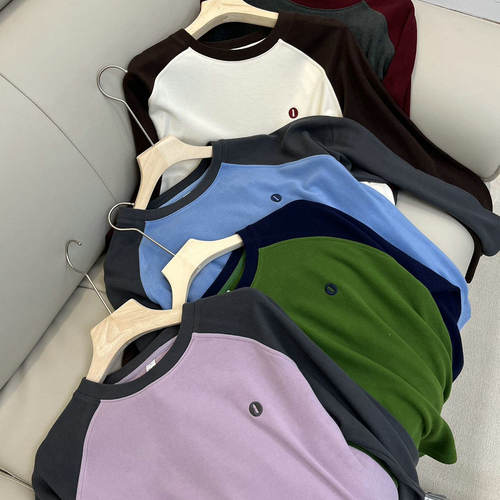 高品质！自留推荐！2024秋冬ins刺绣加厚德绒长袖T恤女打底衫上衣