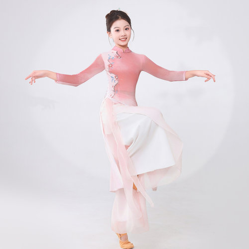 新中式儿童古典舞蹈服长袖立领渐变飘逸身韵纱衣中国舞演出服套装