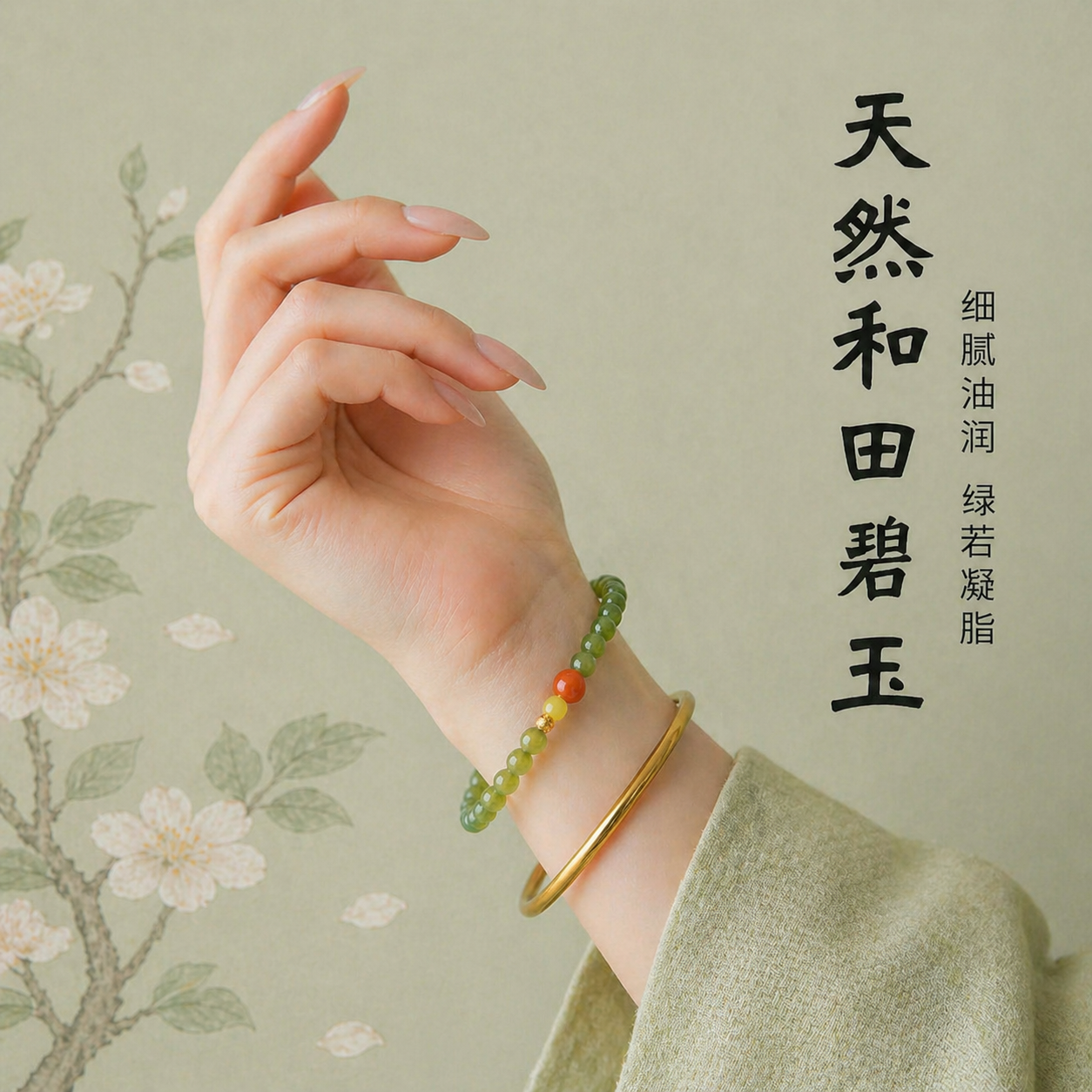 天然和田玉南红手串阳绿油润老坑料搭配南红蜜蜡细珠母亲节妈妈款