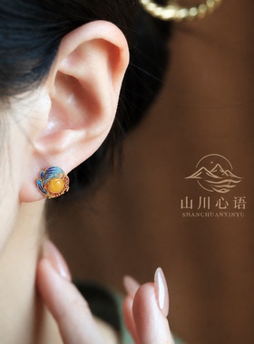 黄色宝石耳钉蜜蜡缓和情绪银镀金小鲤鱼招财女款轻奢款送妈妈礼物
