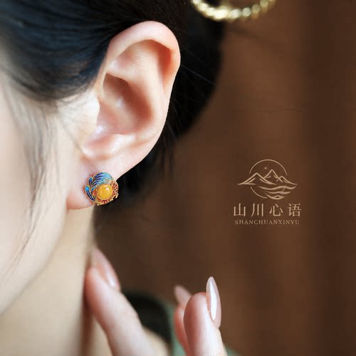 黄色宝石耳钉蜜蜡缓和情绪银镀金小鲤鱼招财女款轻奢款送妈妈礼物