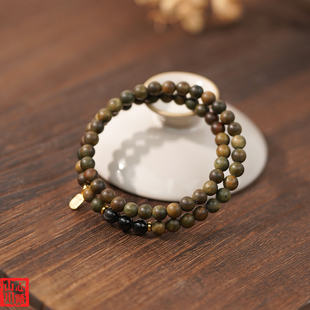天然绿檀黑曜石双圈叠戴手串缺木补水木质108颗佛珠念珠禅意手链