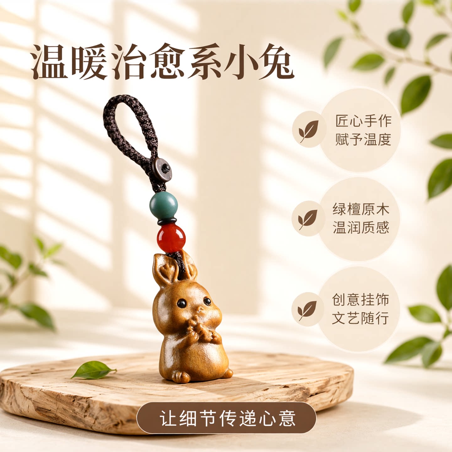 绿檀木兔子汽车钥匙扣挂件吊坠男女情侣可爱钥匙链手机挂饰绳