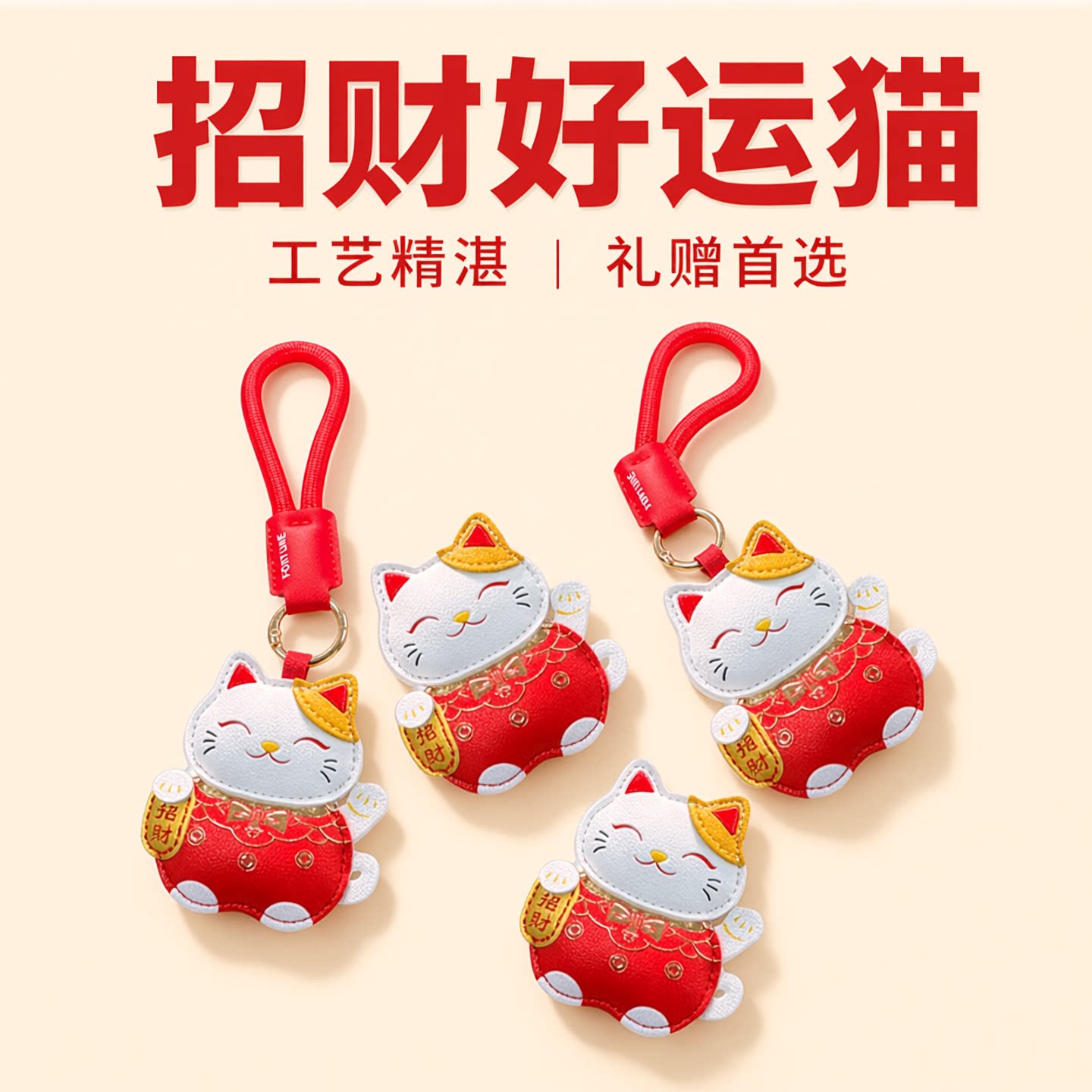 新年创意可爱皮革招财猫钥匙扣包包挂件汽车钥匙链挂饰新年小礼物