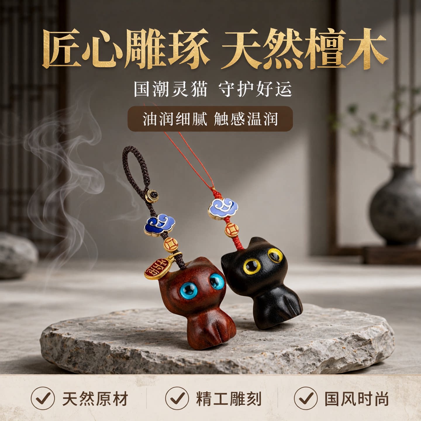 手机链可爱源檀木男女国潮风背包挂件黑檀木猫抖音情侣