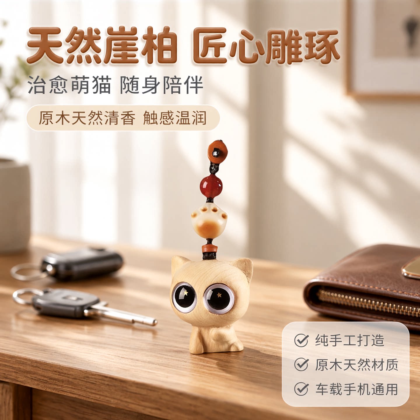 网红崖柏木喵人汽车钥匙扣挂件可爱猫咪手机链小吊坠挂饰品