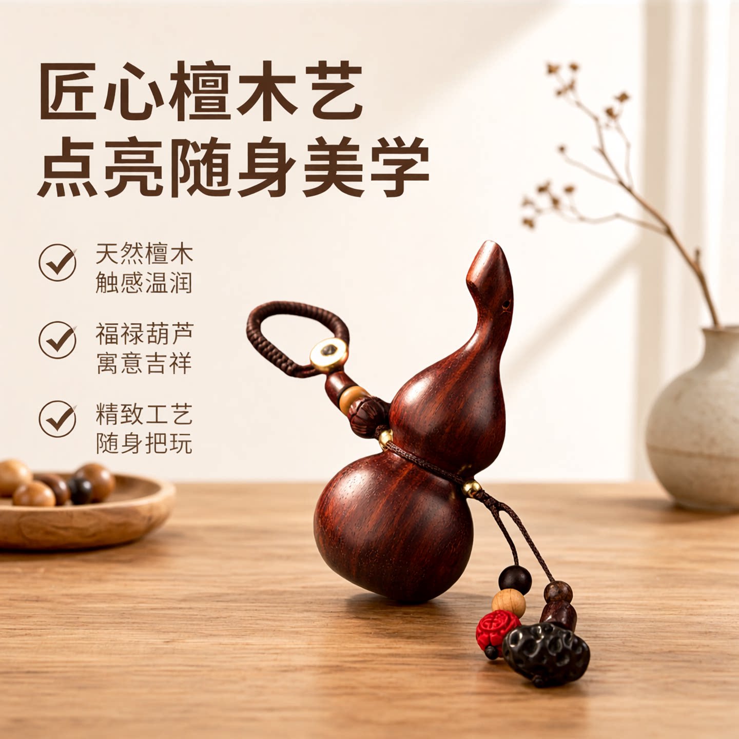 檀木葫芦挂绳钥匙扣挂件汽车链圈环个性创意随身文玩男女把玩挂饰