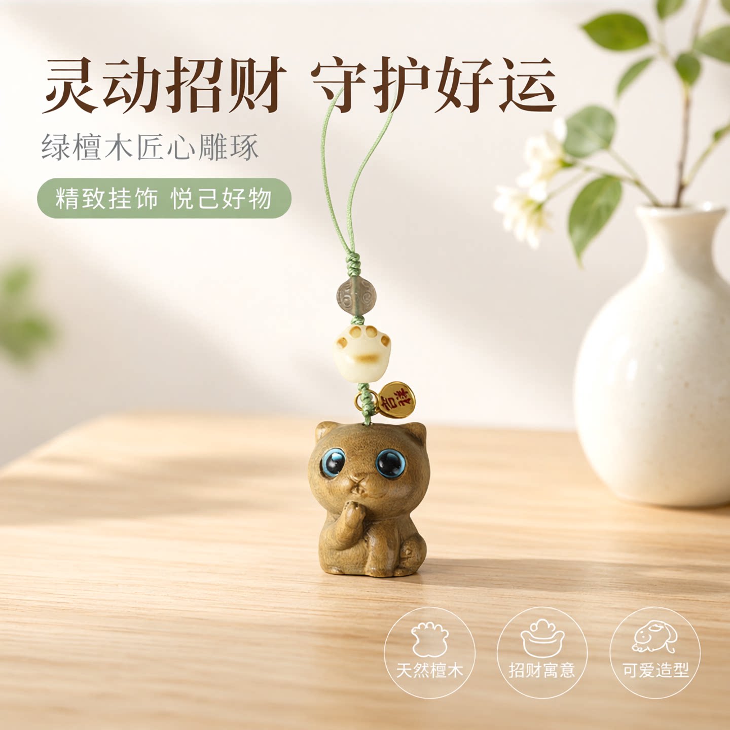 爱上设计感!简约有品味 绿檀木可爱猫猫手编绳手机链钥匙扣
