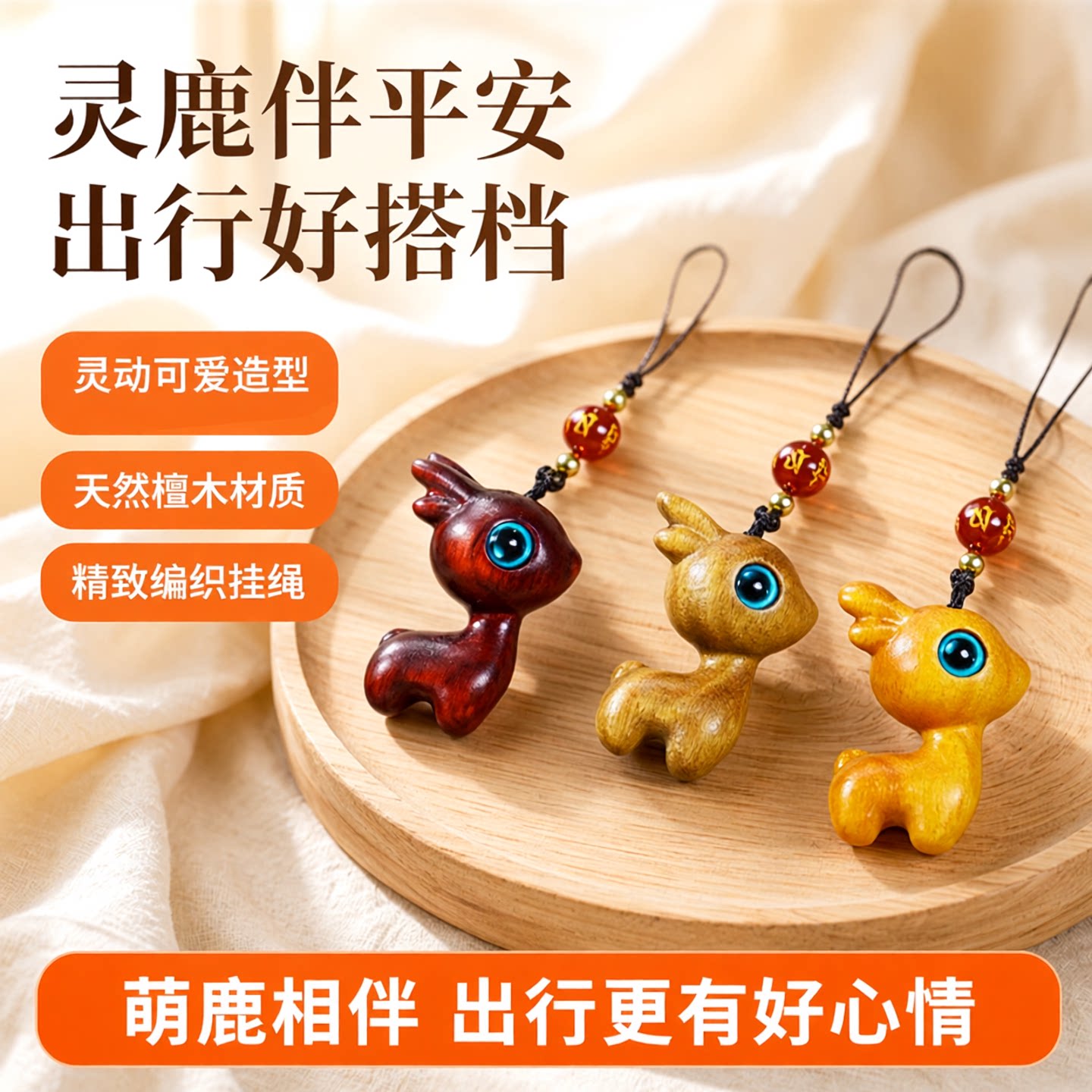 钥匙扣小挂件檀木一鹿平安挂件钥匙扣高级感包包挂件汽车手机吊坠