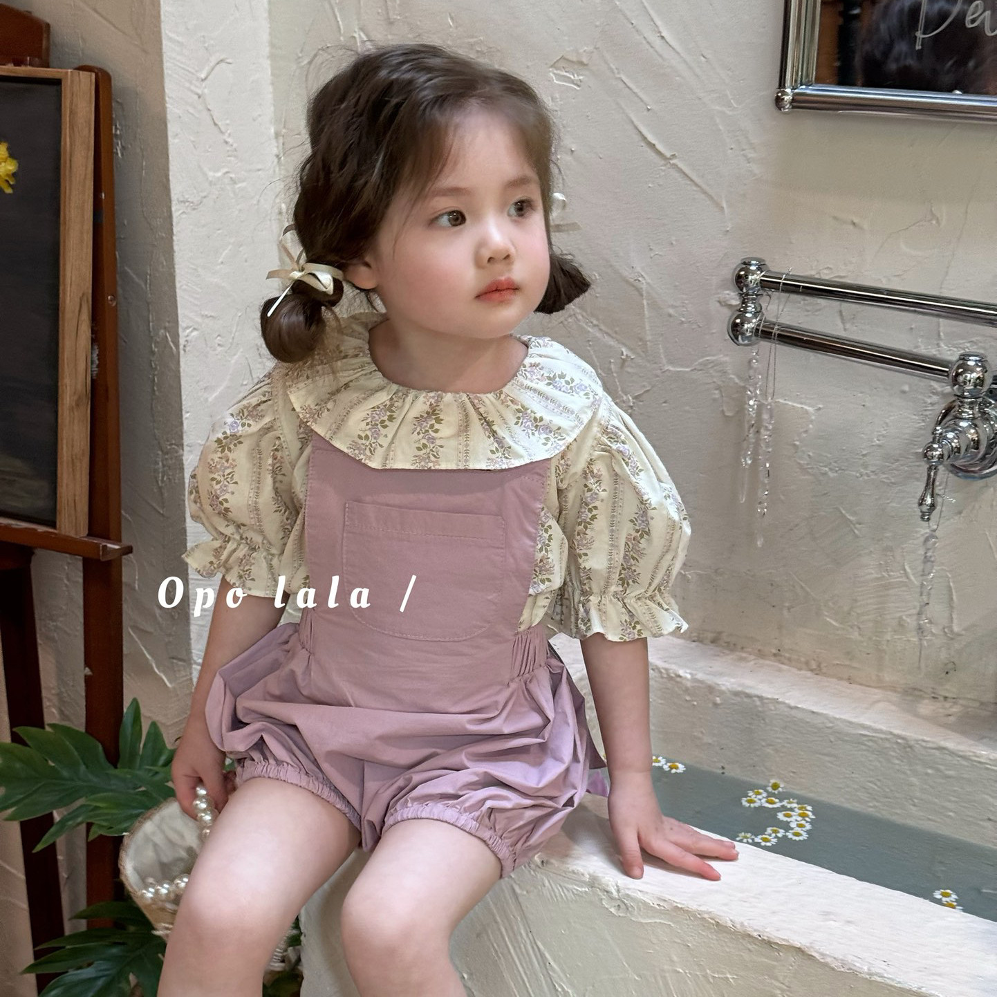 女童棉麻碎花上衣夏季新款女宝宝娃娃衫背带短裤两件套