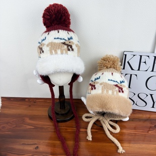 韩系可爱米奇手掌毛绒球针织帽女秋冬圣诞小鹿加厚保暖百搭护耳帽
