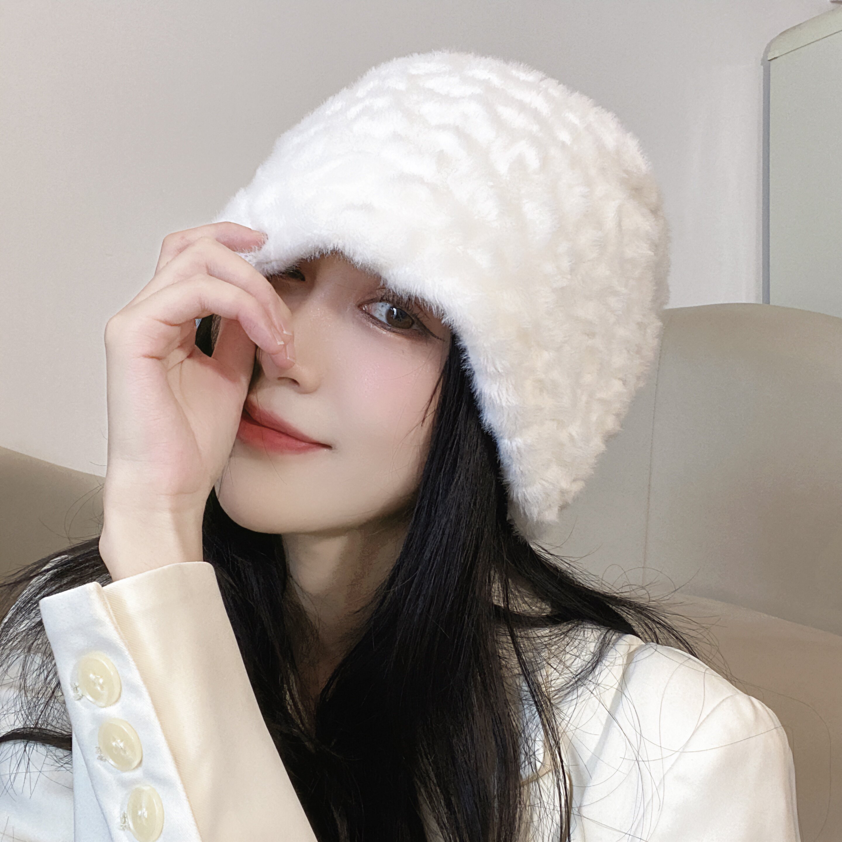 水貂绒堆堆帽女秋冬新款毛绒套头帽大头围日系显脸小网红包头冷帽