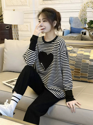 条纹T恤女印花长袖宽松洋气上衣