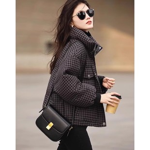 千鸟格黑色短款羽绒棉服女2025冬季新款立领加厚显瘦百搭气质外套