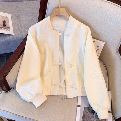 白色新中式国风棒球服外套女圆领2025春秋装新款薄款盘扣短款夹克