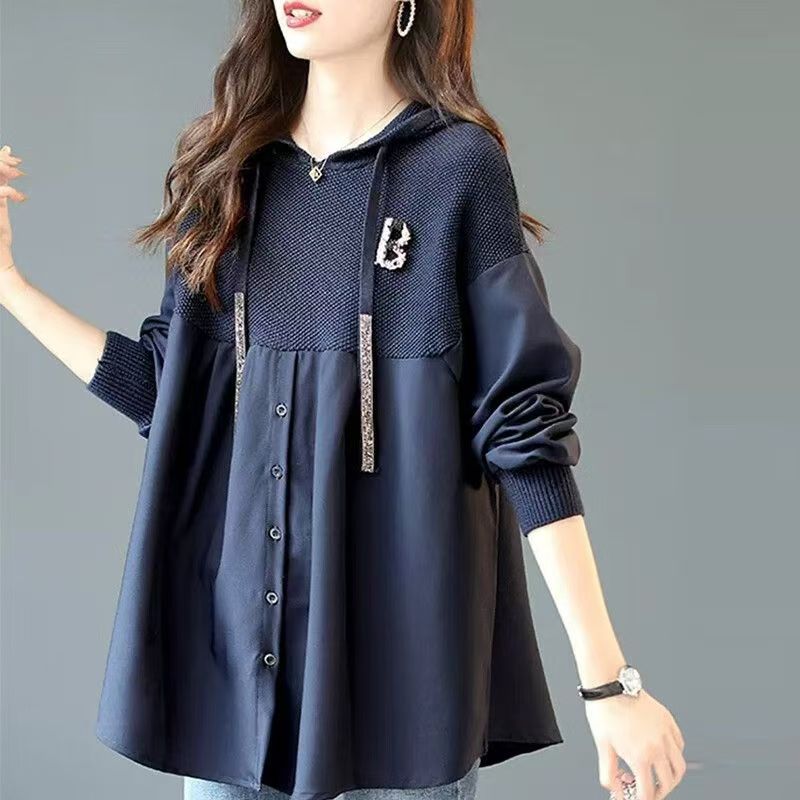 针织拼接女装长袖连帽上衣2025春秋季新款休闲中长款宽松慵懒卫衣