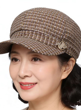 春夏季新款鸭舌帽女士千鸟格子短檐防晒遮阳帽中老年人妈妈八角帽