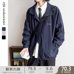 苏打汽水工作室春季 宽松休闲百搭立领夹克日系情侣双拉链刺绣外套