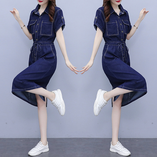 胖妹妹连衣裙女2024夏装新款大码显瘦深蓝色短袖炸街减龄牛仔裙子