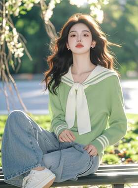 甜美绿色海军领长袖T恤女2025春季新款洋气减龄绝美韩系chic上衣