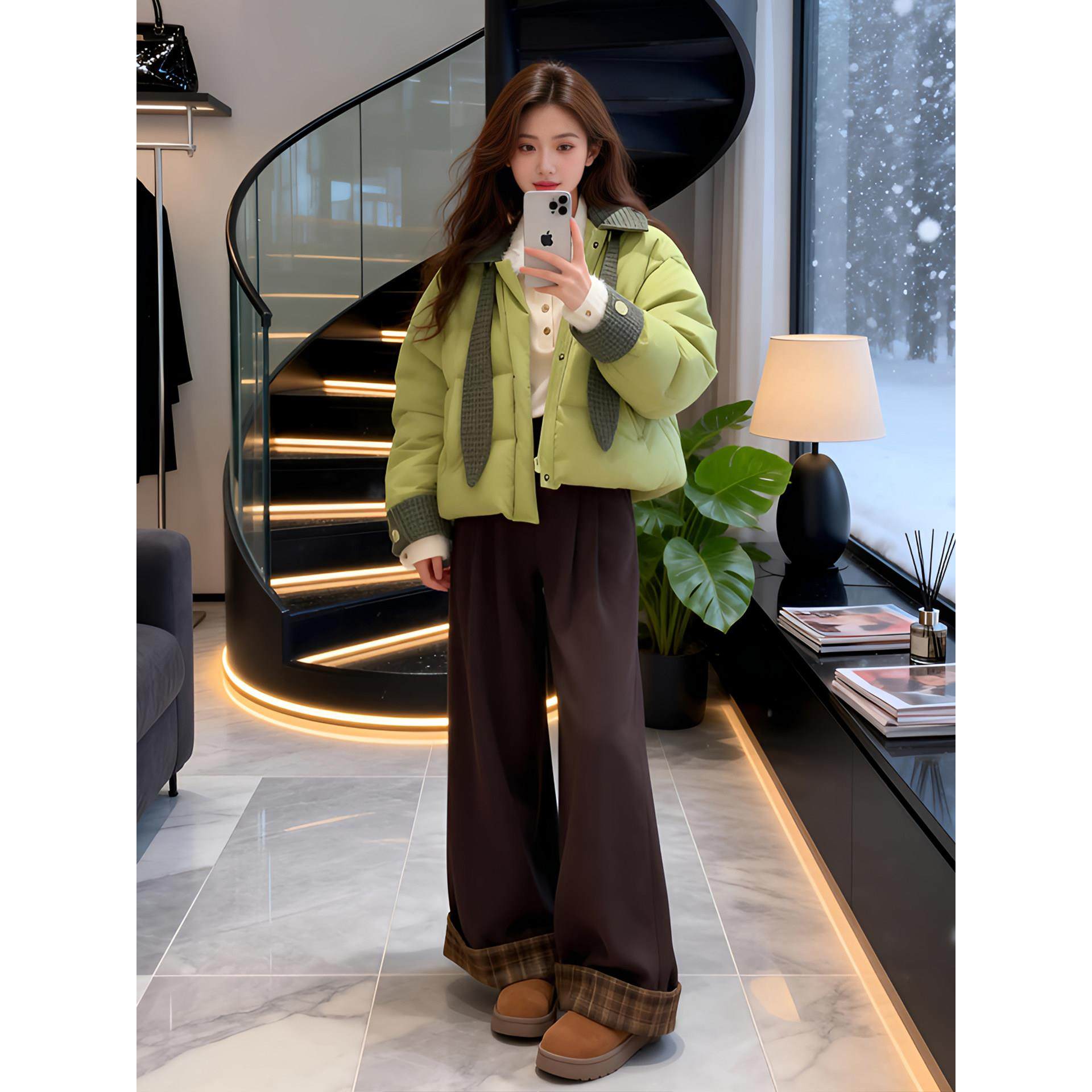 韩系花边针织上衣女格纹连帽棉服2025冬季格子卷边直筒裤三件套潮