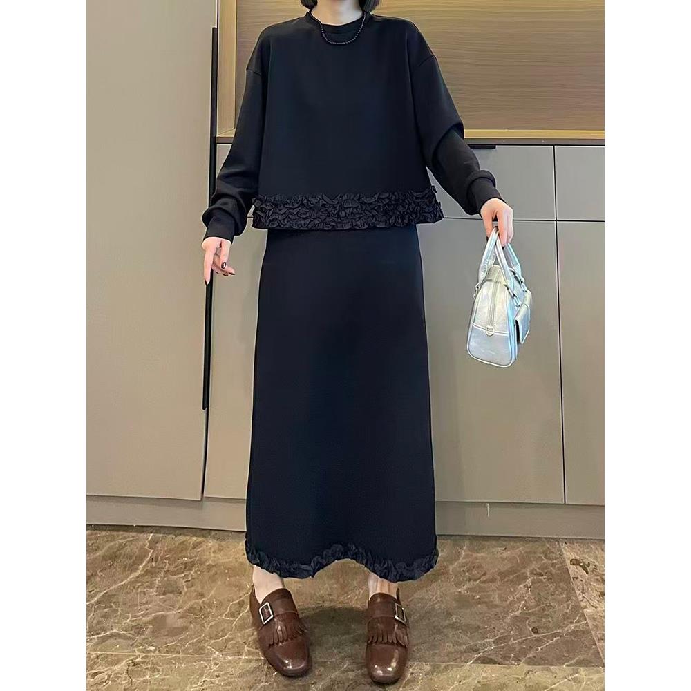 2025春秋新款一整套穿搭时尚休闲木耳花边卫衣高腰半身裙套装女装