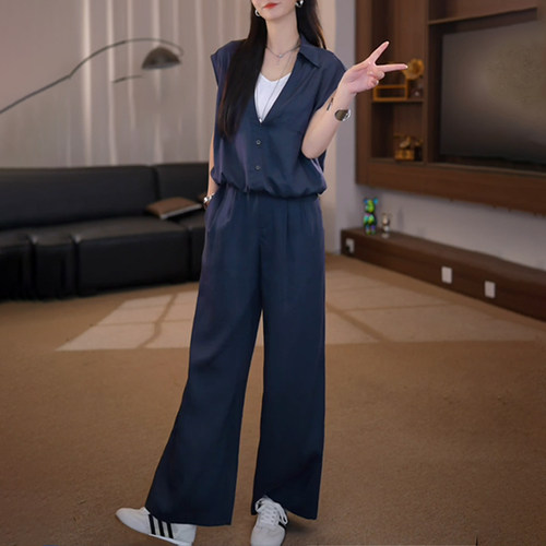 休闲气质藏青色衬衫阔腿裤套装女夏季2025新款又酷又飒穿搭两件套