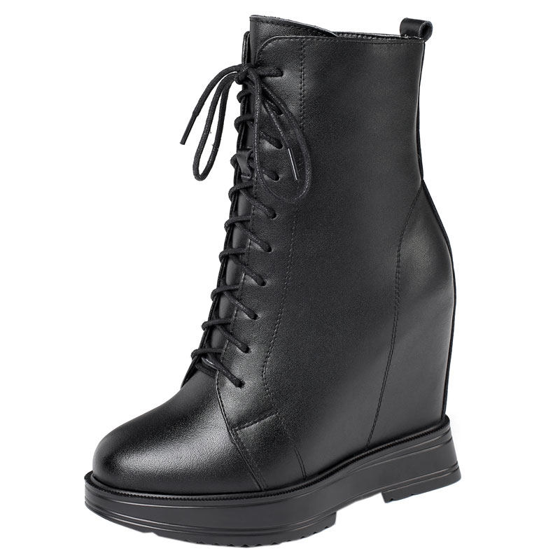 MENGQI PLUS VELVET WINTER SHOES 12CM LEATHER INNER HEIGHTENED BOOTS WOMENS SHOES WEDGE HEEL CASUAL AND VERSATILE SLIM HIGH-TOP SINGLE BOOTS