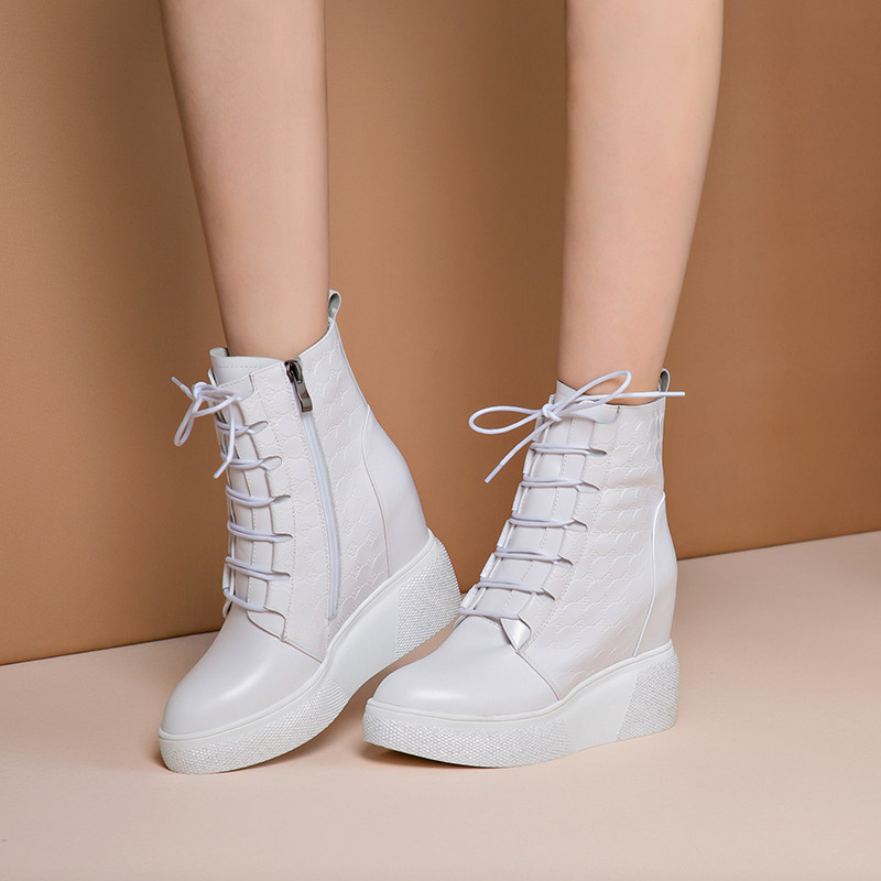 MENG QI LEATHER INNER INCREASED 10CM SHORT BOOTS WOMENS SINGLE BOOTS THICK-SOLED HIGH-HEELED CASUAL AND ANKLE BOOTS COTTON SHOES WINTER PLUS VELVET