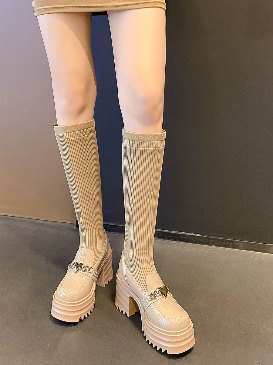 LEATHER HIGH HEEL 10CM STRETCH BOOTS KNITTED SOCK BOOTS FOR SMALL PEOPLE AUTUMN AND WINTER BOOTS SKINNY THICK SOLES BLACK HIGH BOOTS