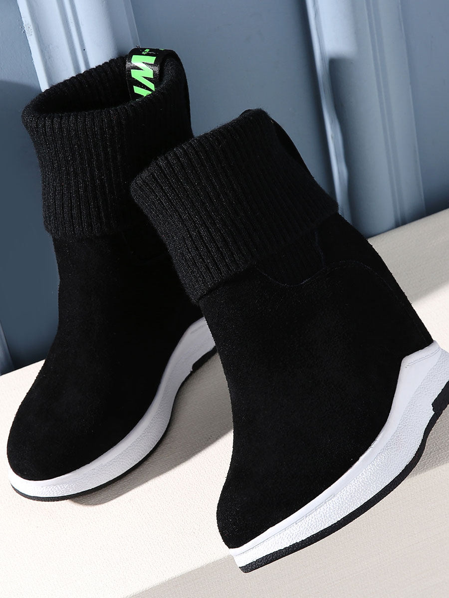 MENG QI AUTUMN AND WINTER LEATHER HIGH-RISE SHORT BOOTS WOMENS SHOES KOREAN WILD THICK-SOLED ELASTIC BOOTS MEDIUM TUBE LARGE COTTON WOOL BOOTS