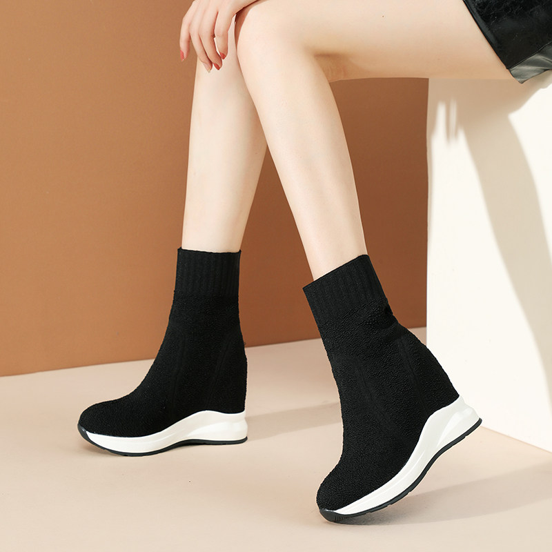 AUTUMN AND WINTER FLYING WEAVING INNER HEIGHT INCREASE 10CM ELASTIC BOOTS WOMENS SOCKS BOOTS THICK BOTTOM SLIM SHORT BOOTS HIGH HEEL WOMENS BOOTS KOREAN STYLE TRENDY