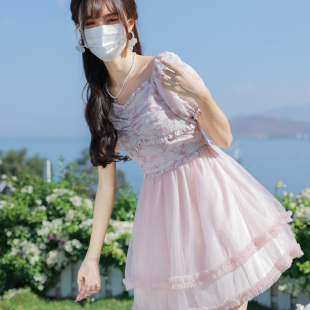 夏季 花崎鹿甜美网纱连衣裙微醺甜莓泡泡袖 小个子粉色短裙