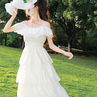 甜美蛋糕裙长裙度假杏色气质海边仙 花崎鹿原创茉莉玫瑰连衣裙法式