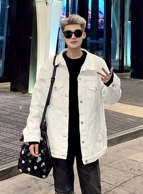 白色牛仔外套男春秋款精神小伙潮牌网红痞帅上衣休闲宽松翻领夹克