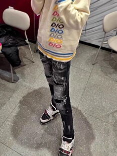 美式高街轻奢穿搭泼墨牛仔裤假破洞修身宽松休闲男女潮痞帅长裤子