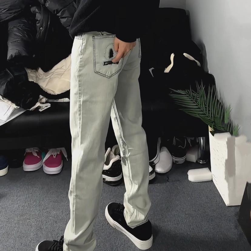 网红新款刺绣字母牛仔裤男修身精神小伙直筒弹力长裤子男生小脚潮