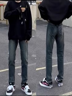 春季新款后兜提花印花牛仔裤男网红同款直筒休闲小脚学生九分裤子