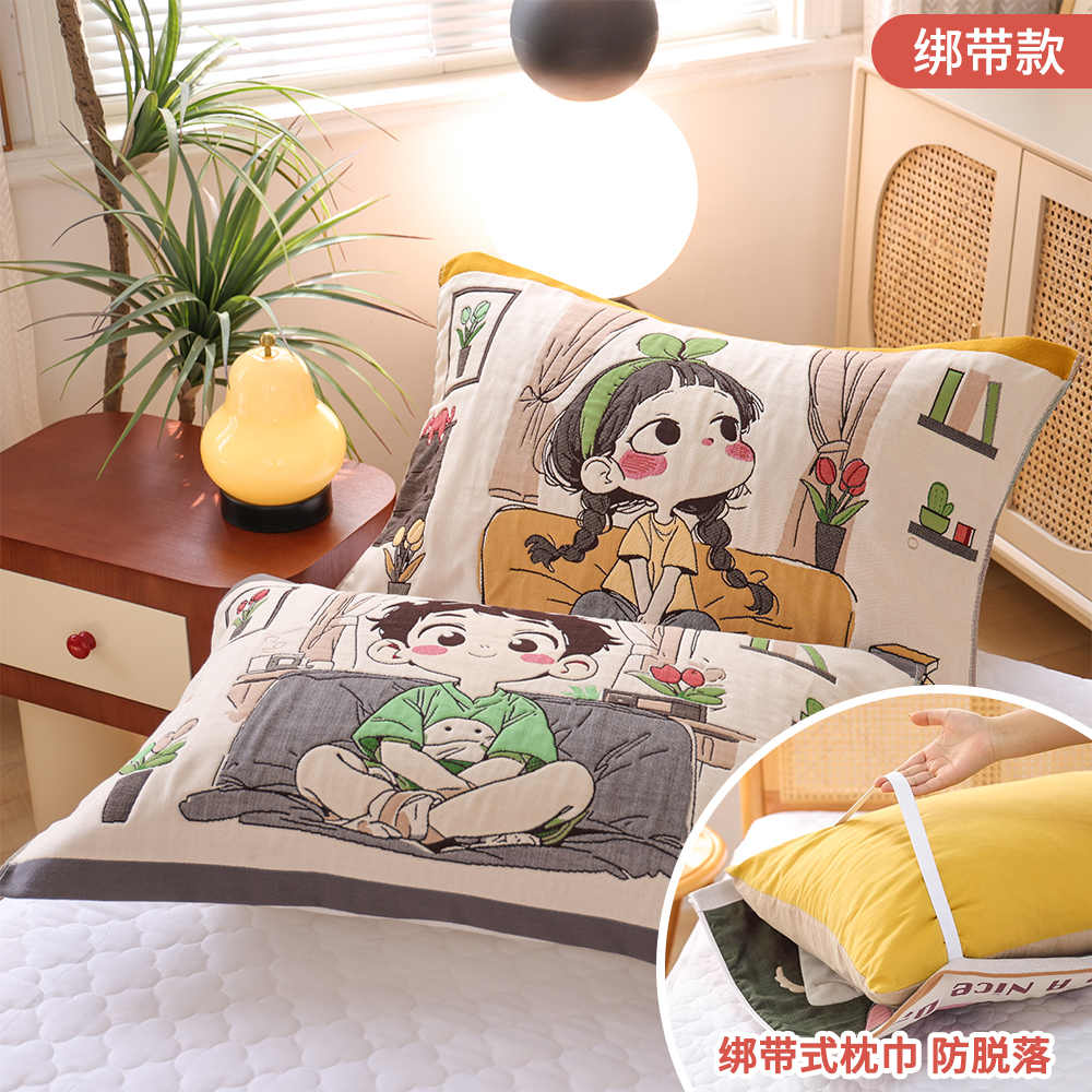八层纯棉纱布绑带不脱落枕巾