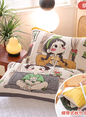 绑带八层纯棉纱布枕巾一对装新款防滑不脱落柔软透气全棉枕头盖巾