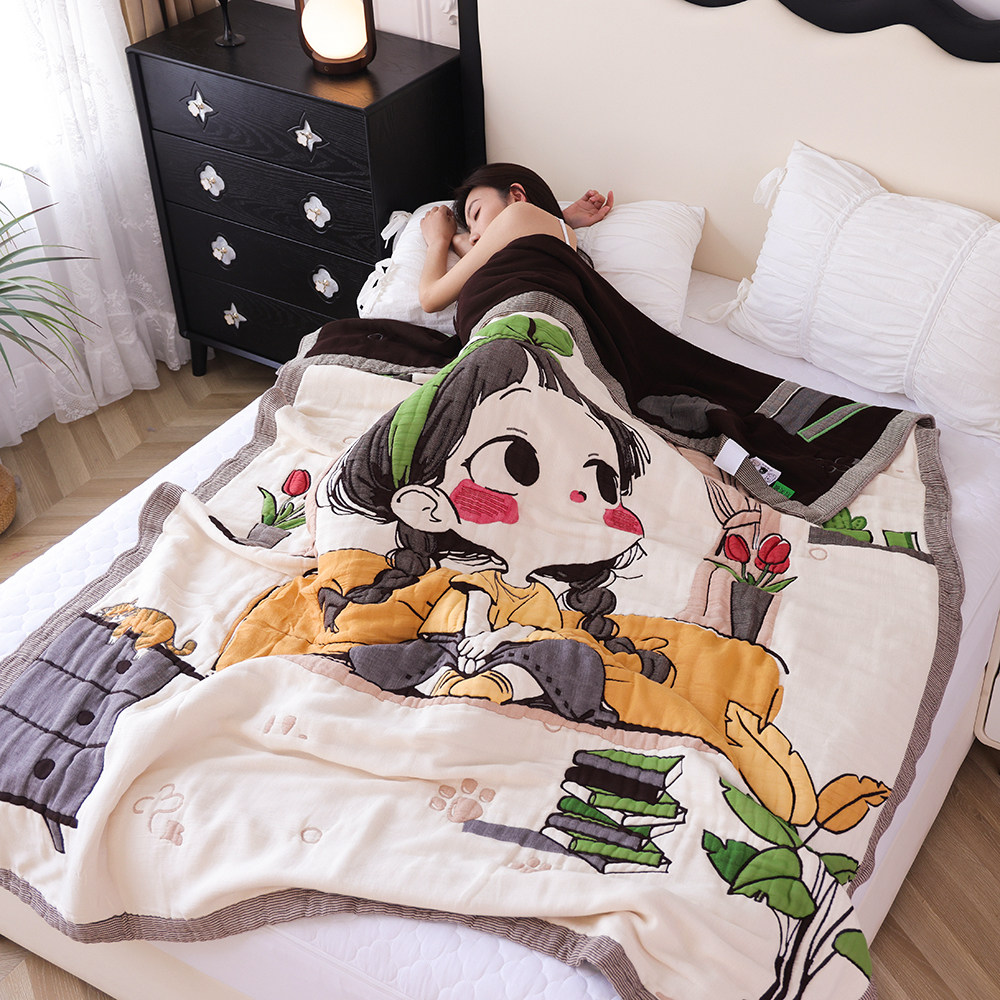 十层加厚纯棉纱布盖毯吸汗透气柔软卡通泡芙被全棉午睡单人毛巾被